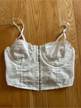 Garage White Eyelet Bustier Crop Top with Front Hooks